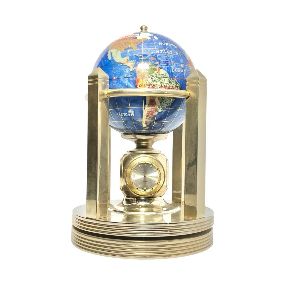 Alexander Kalifano 3-Timepieces Thermometer Rotating Gemstone Brass Globe 8.75”